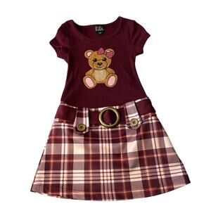 Lilt Burgundy Teddy Bear Plaid Belt Toddler Dress Size 4T